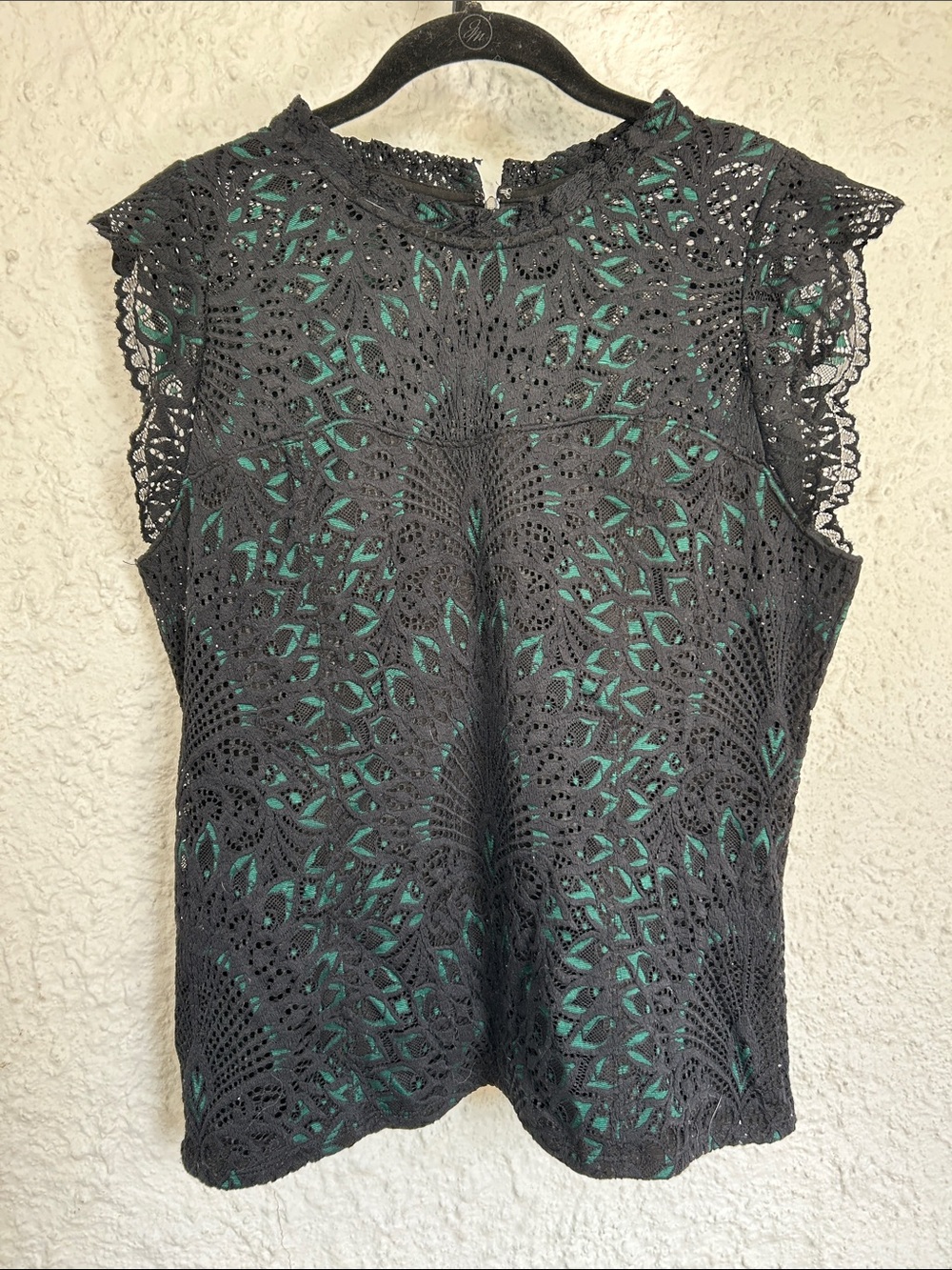 White House Black Market Black Crochet Tank with Green Underlay